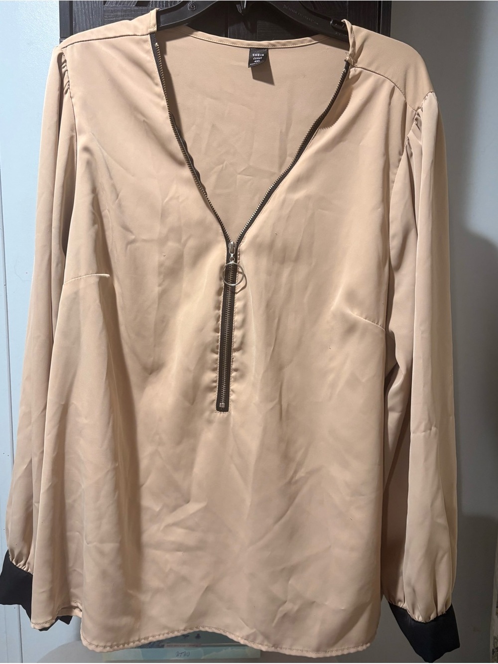 SHEIN Beige Long Sleeve Zip Front Blouse